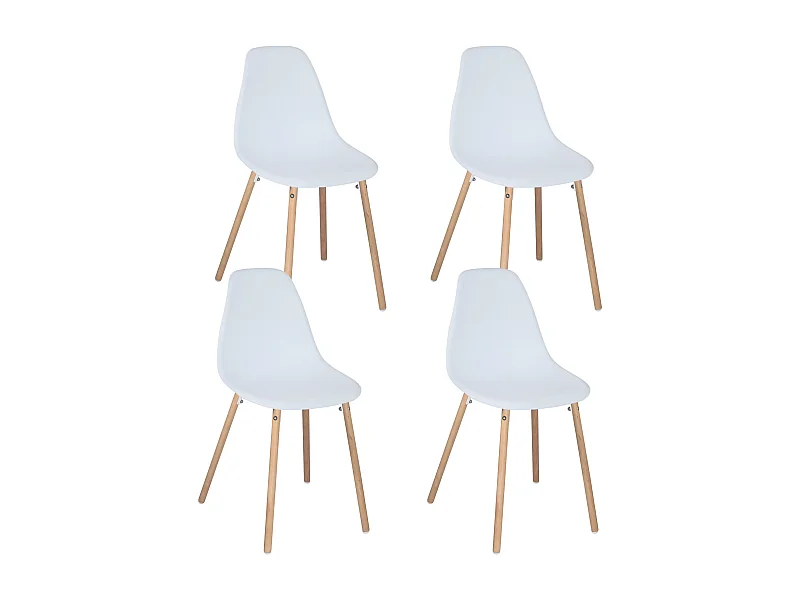 Lote de 4 sillas escandinavas de cocina diseño, asiento de plástico flexible, patas de madera de haya clara OVA (blanco)