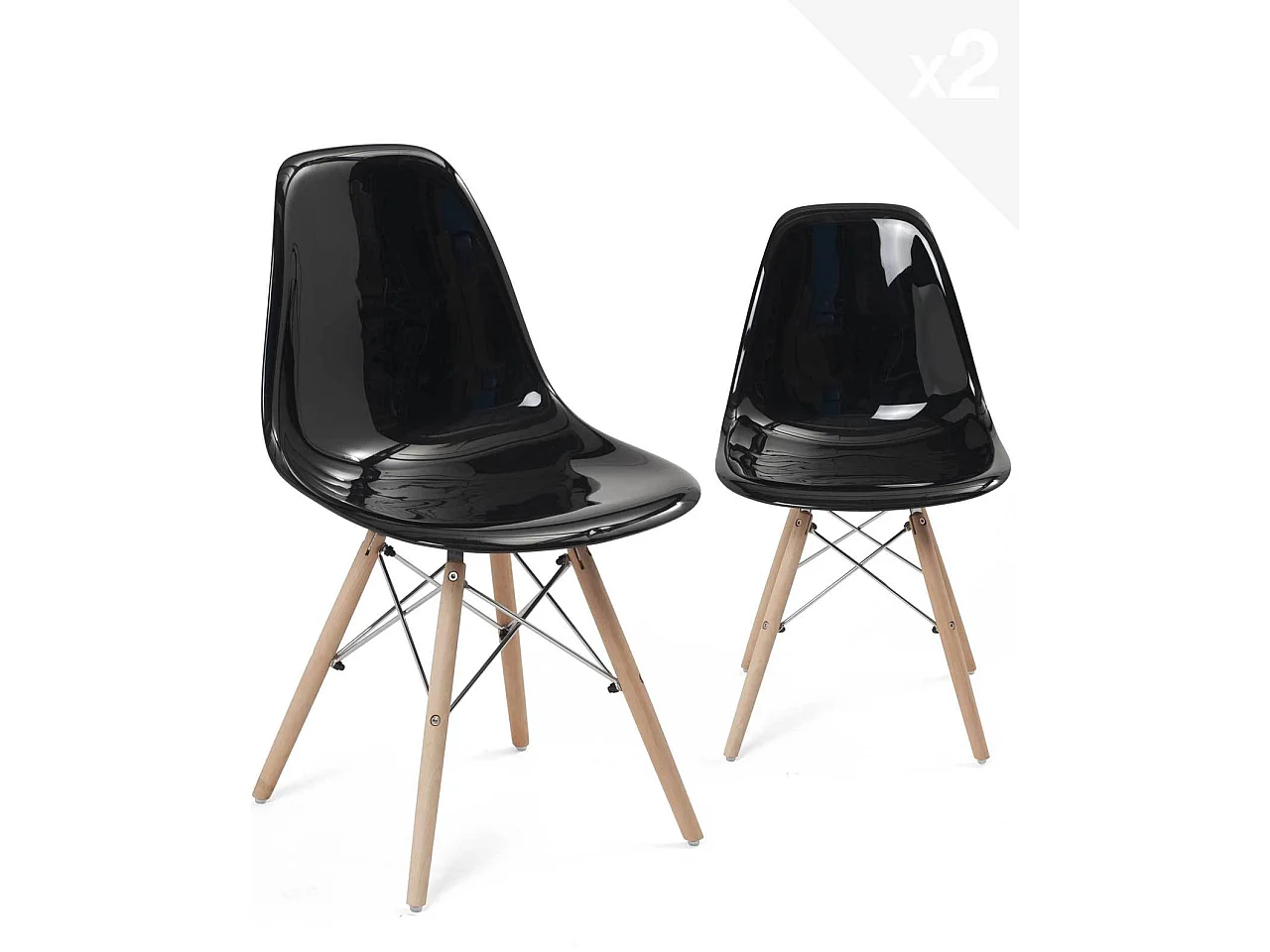 Lot 2 chaises scandinaves siège noir brillant pieds bois NEO (noir)