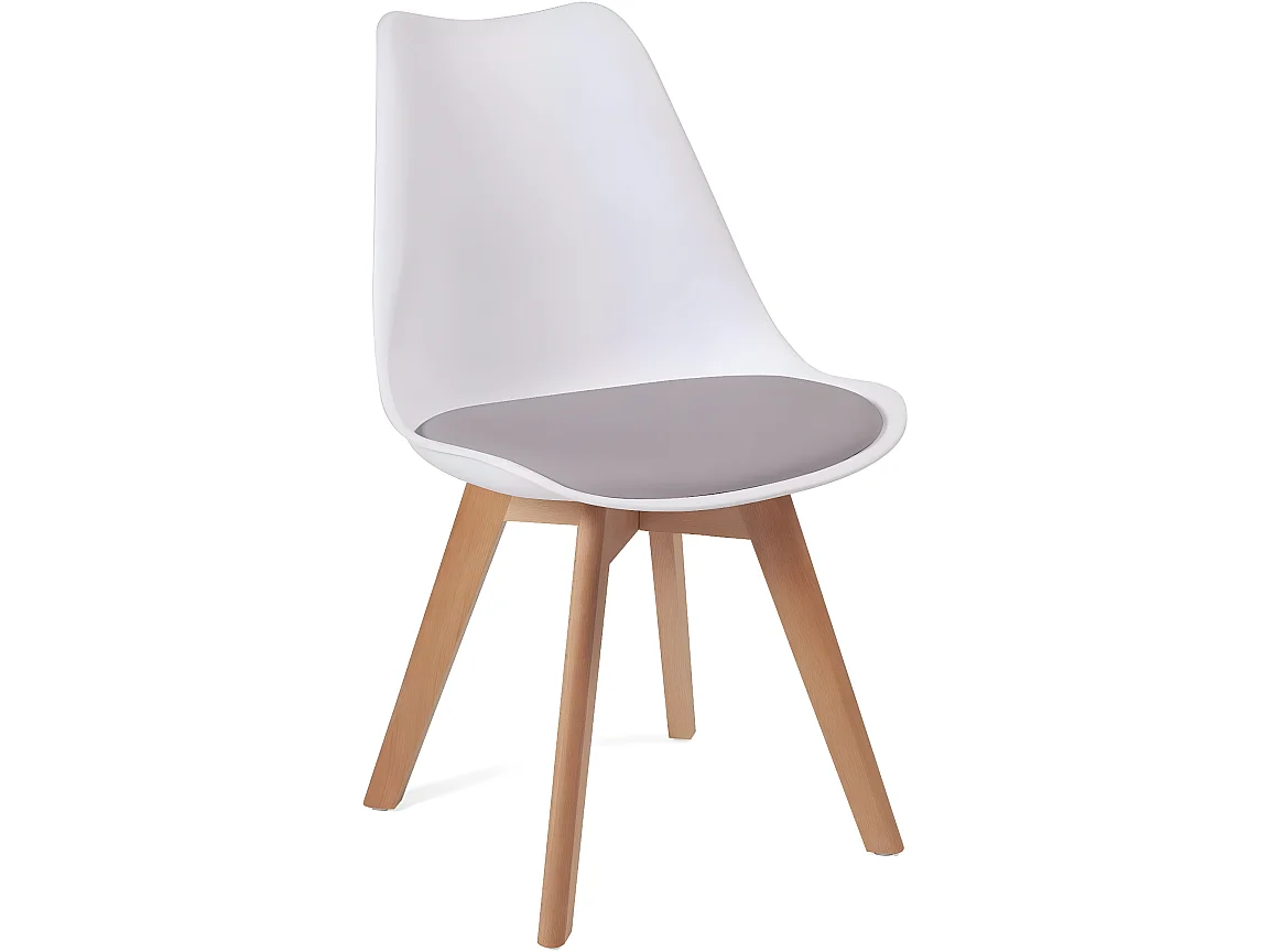 Lot 2 chaises scandinaves large siège coussin simili cuir pieds bois hêtre clair LAO (blanc gris)