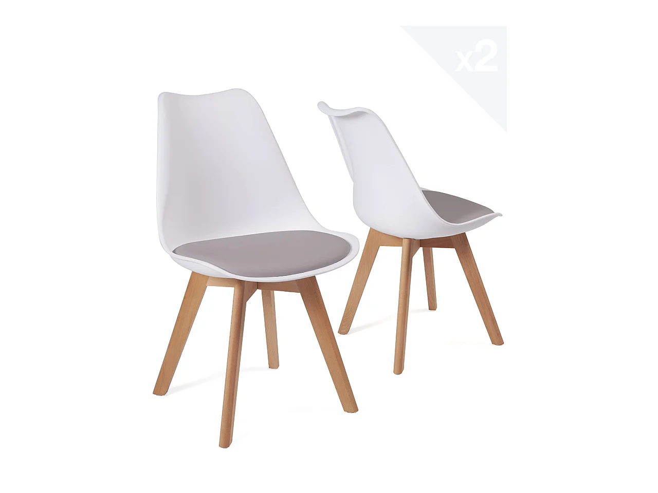 Lot 2 chaises scandinaves large siège coussin simili cuir pieds bois hêtre clair LAO (blanc gris)