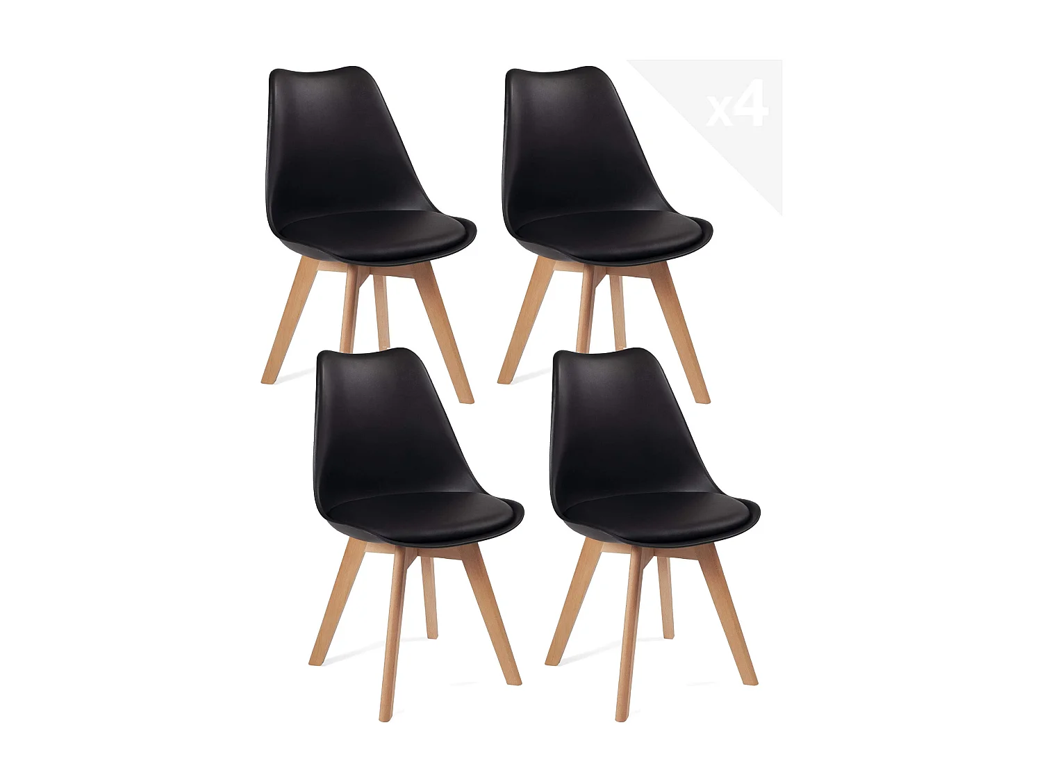 Lot 4 chaises scandinaves large siège coussin simili cuir pieds bois hêtre clair LAO (noir)