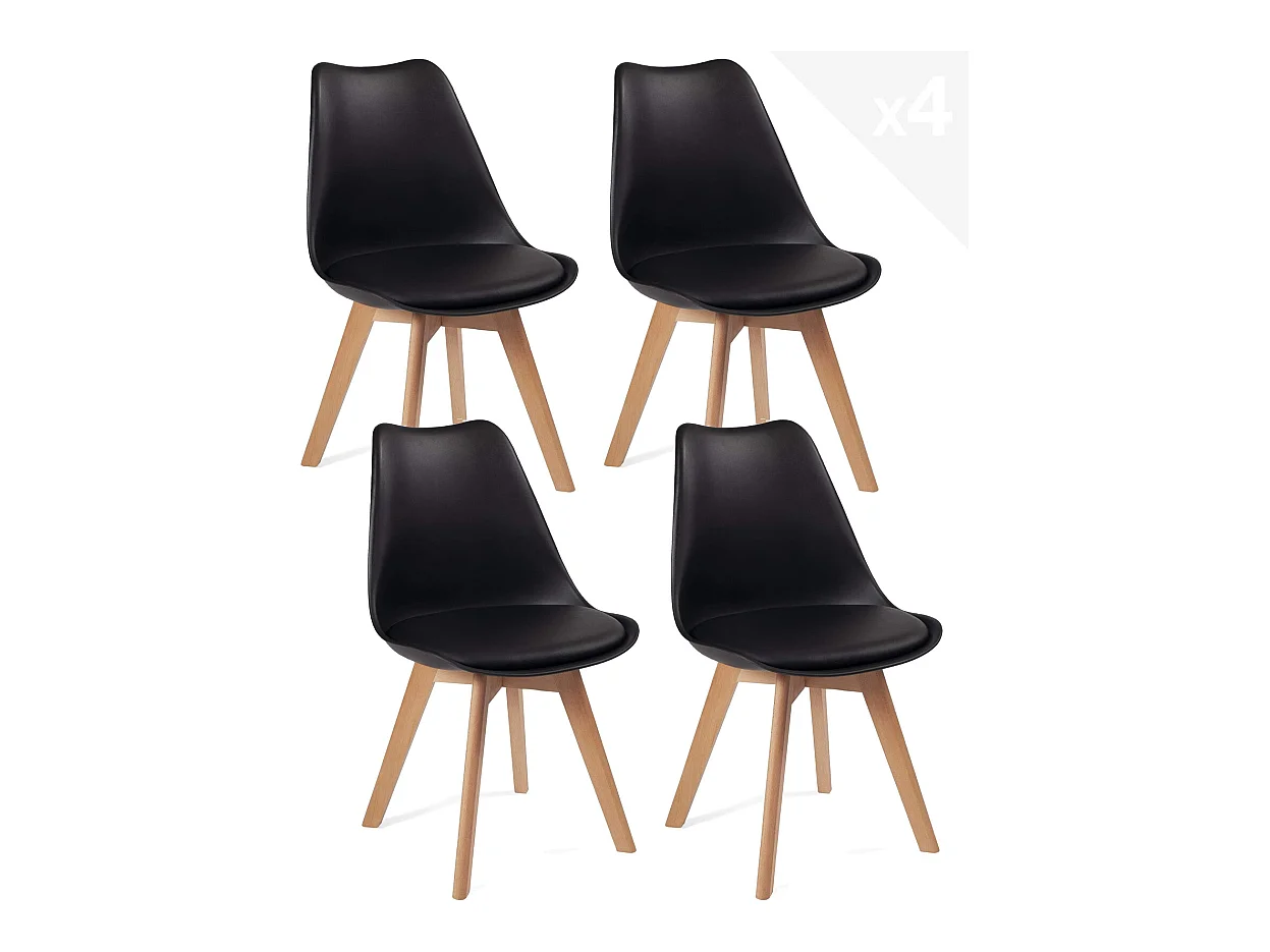 Lot 4 chaises scandinaves large siège coussin simili cuir pieds bois hêtre clair LAO (noir)
