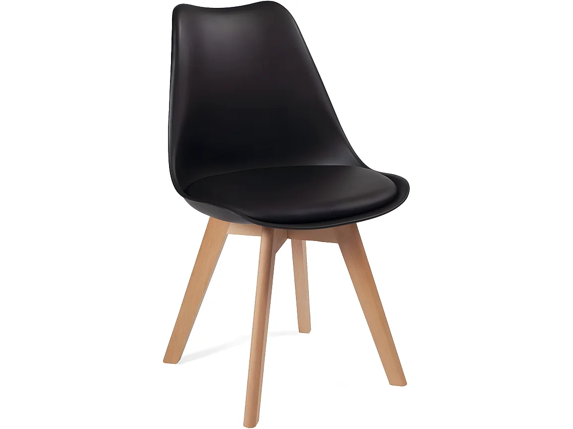 Lot 2 chaises scandinaves large siège coussin simili cuir pieds bois hêtre clair LAO (noir)