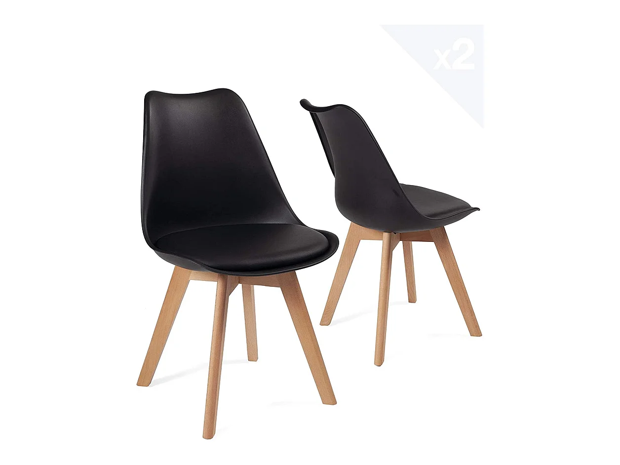 Lot 2 chaises scandinaves large siège coussin simili cuir pieds bois hêtre clair LAO (noir)