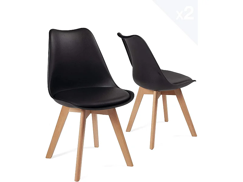 Set van 2 Scandinavische stoelen brede zitting kussen simili leder lichte beukenhouten poten LAO (zwart)