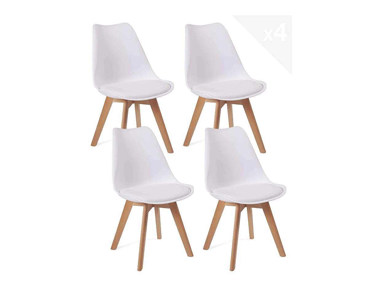 Lot de 4 chaises scandinaves LAO avec coussin en simili blanc