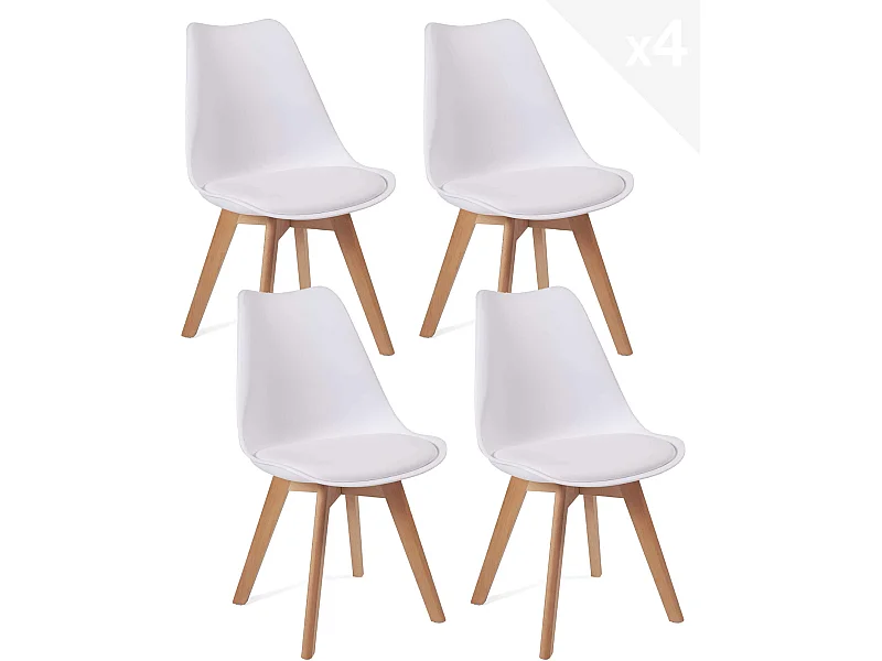 Lot de 4 chaises scandinaves LAO avec coussin en simili blanc