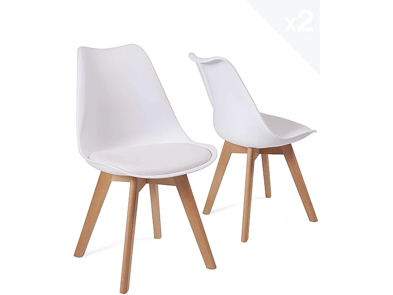 Juego de 2 sillas escandinavas para comedor o cocina, asiento ancho de plástico flexible, cojín de cuero sintético acolchado, patas de madera de haya LAO (blanco)