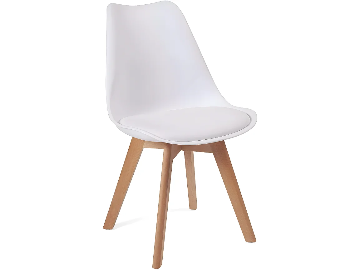 Lot 2 chaises scandinaves large siège coussin simili cuir pieds bois hêtre clair LAO (blanc)