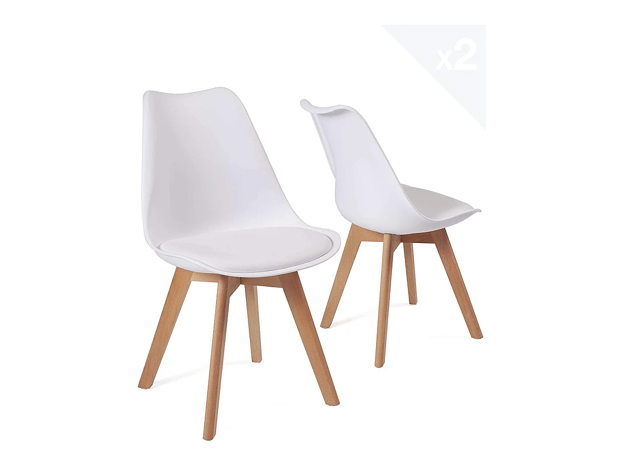 Lot 2 chaises scandinaves large siège coussin simili cuir pieds bois hêtre clair LAO (blanc)