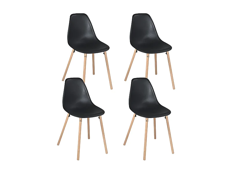 Lot 4 chaises scandinaves de cuisine siège plastique souple pieds bois clair OVA (Noir)