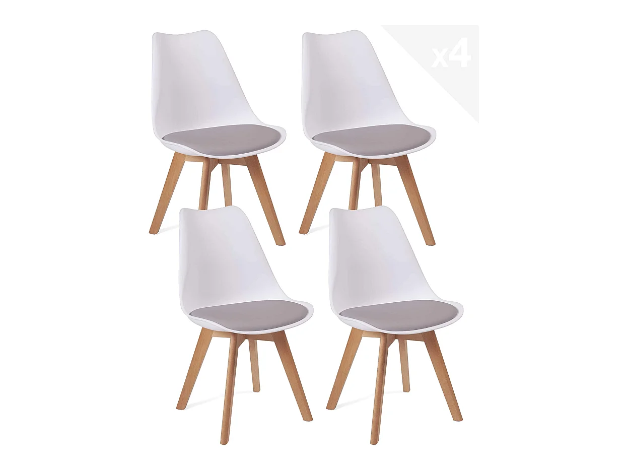 Lot 4 chaises scandinaves large siège coussin simili cuir pieds bois hêtre clair LAO (blanc gris)