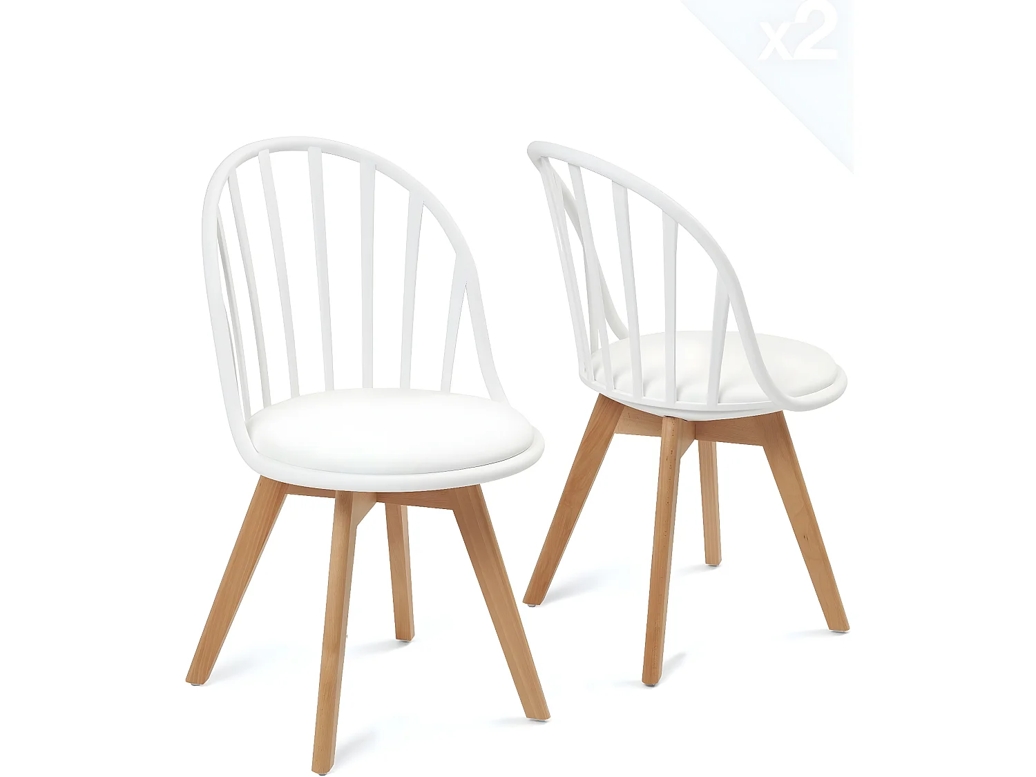 Lot 2 chaises bistrot à barreaux scandinaves coussin simili cuir pieds bois clair BOLD (Blanc)