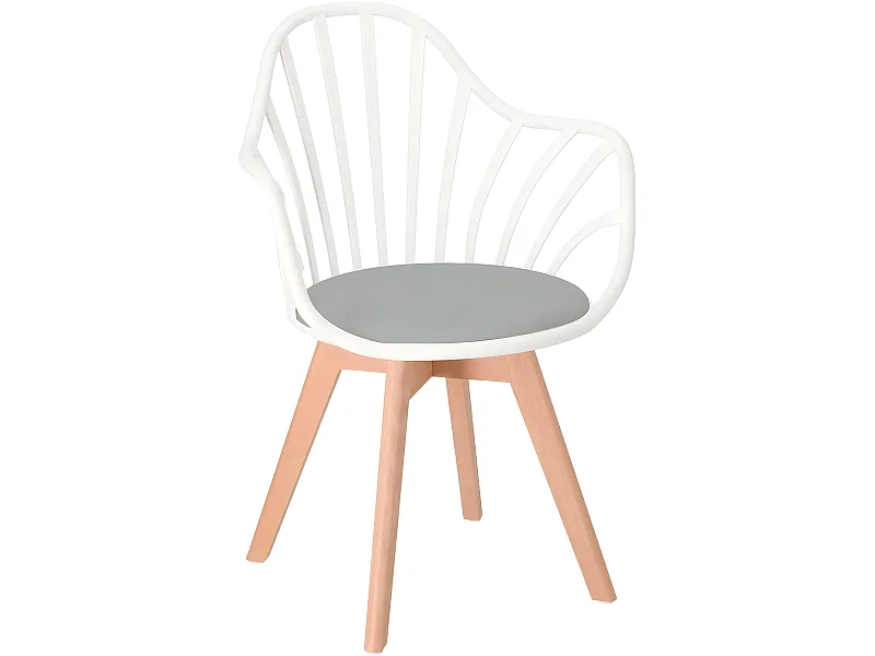Chaise à barreaux scandinave accoudoir coussin simili cuir pieds bois clair BOLD+ (Blanc gris)