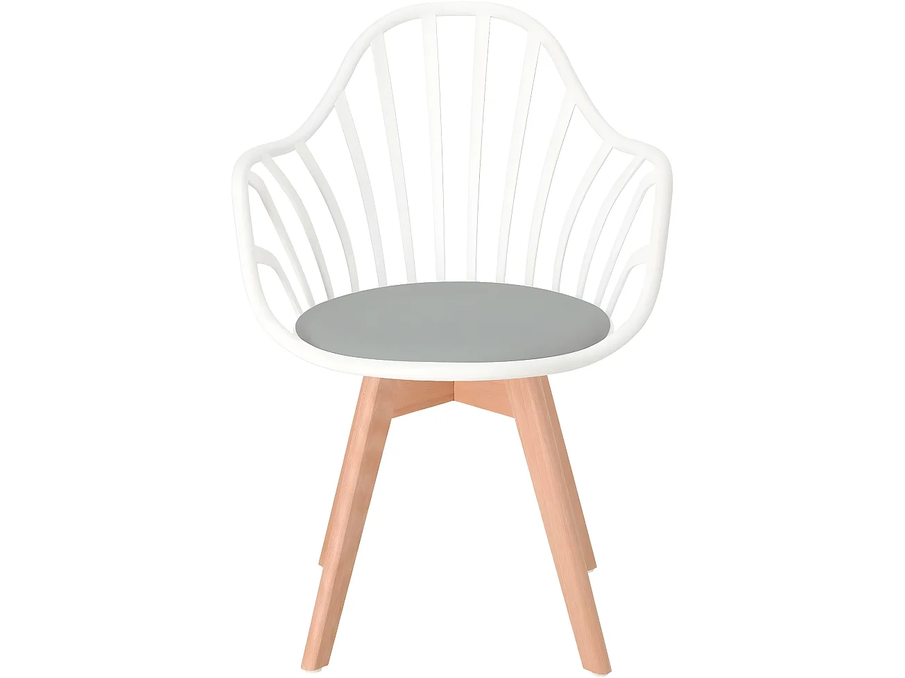 Silla de barrotes escandinava, con reposabrazos, cojín acolchado de cuero sintético, patas de madera de haya clara BOLD+ (blanco gris)