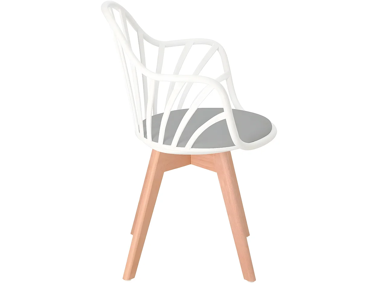 Silla de barrotes escandinava, con reposabrazos, cojín acolchado de cuero sintético, patas de madera de haya clara BOLD+ (blanco gris)