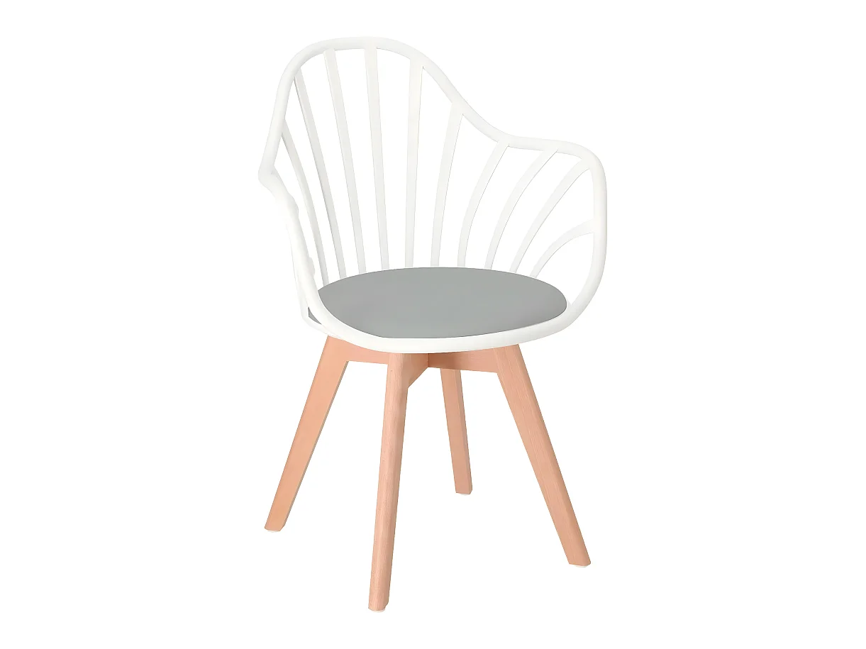 Chaise à barreaux scandinave accoudoir coussin simili cuir pieds bois clair BOLD+ (Blanc gris)