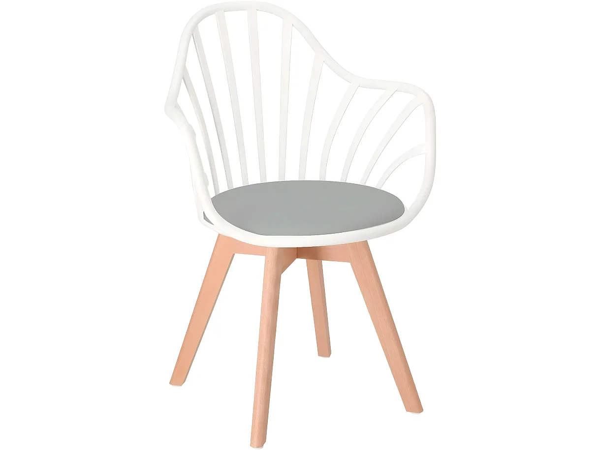 Chaise à barreaux scandinave accoudoir coussin simili cuir pieds bois clair BOLD+ (Blanc gris)