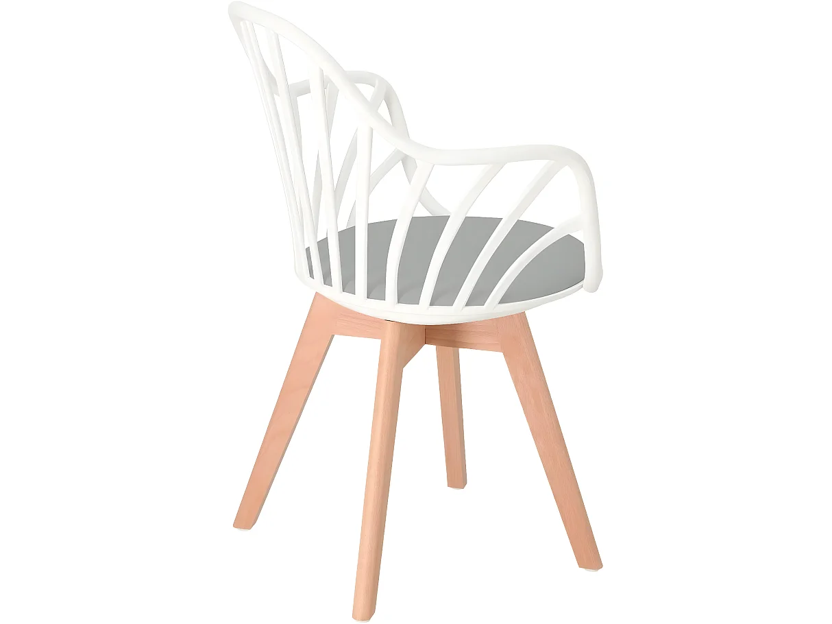 Chaise à barreaux scandinave accoudoir coussin simili cuir pieds bois clair BOLD+ (Blanc gris)