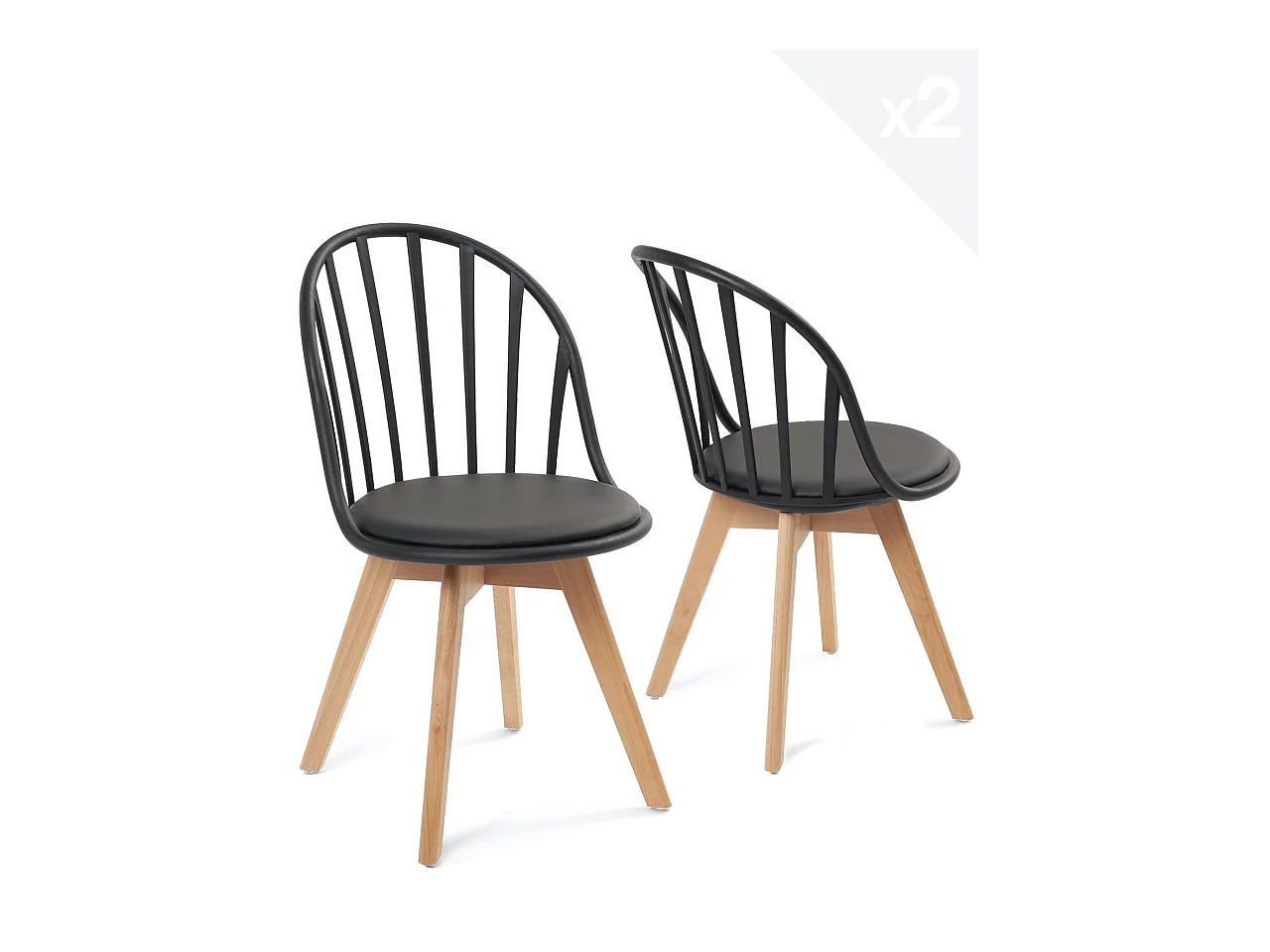 Lot 2 chaises bistrot à barreaux scandinaves coussin simili cuir pieds bois clair BOLD (Noir)