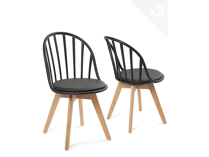 Set van 2 Scandinavische bistrotstoelen met spijlen kussen simili leder lichte houten poten BOLD (Zwart)