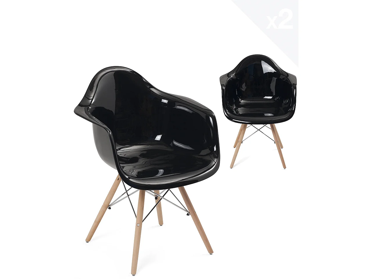 Lot 2 fauteuils scandinaves sièges plastique noir pieds bois et chrome NEPAL (Noir)