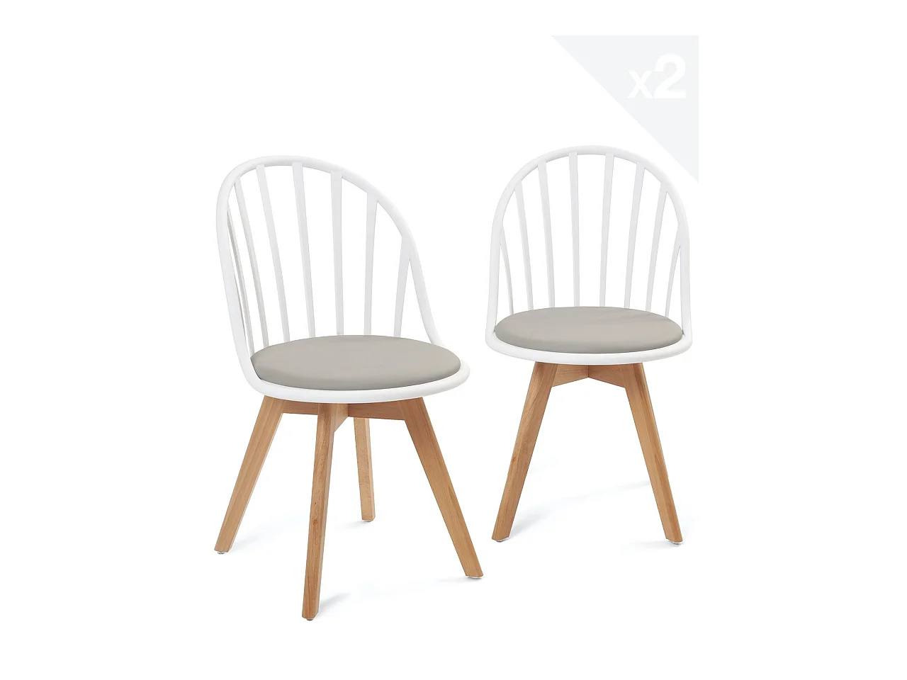 Lot 2 chaises bistrot à barreaux scandinaves coussin simili cuir pieds bois clair BOLD (Blanc gris)