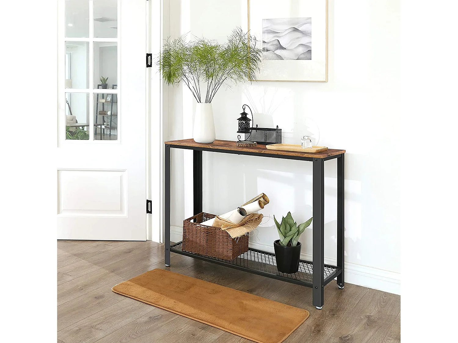 Table Console MADISON Table d'entrée Bout de Canapé Style Industriel Étagère en Treillis 100x35x80cm Couloir Entrée Salon Marron Rustique/Noir