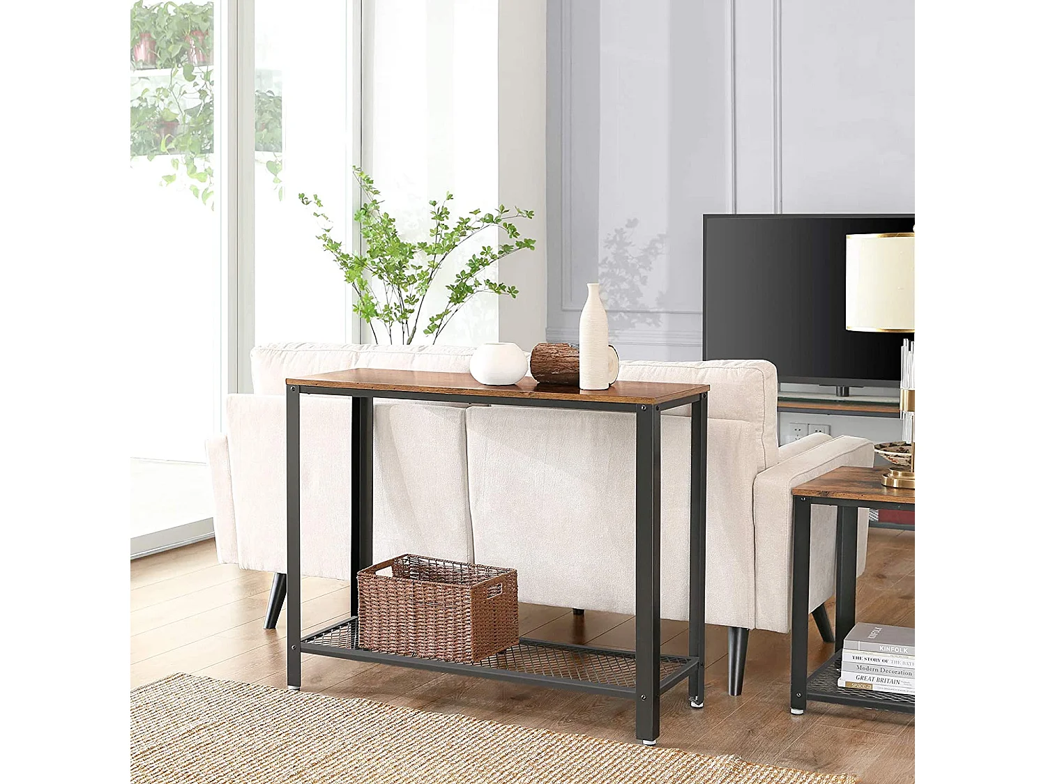 Table Console MADISON Table d'entrée Bout de Canapé Style Industriel Étagère en Treillis 100x35x80cm Couloir Entrée Salon Marron Rustique/Noir