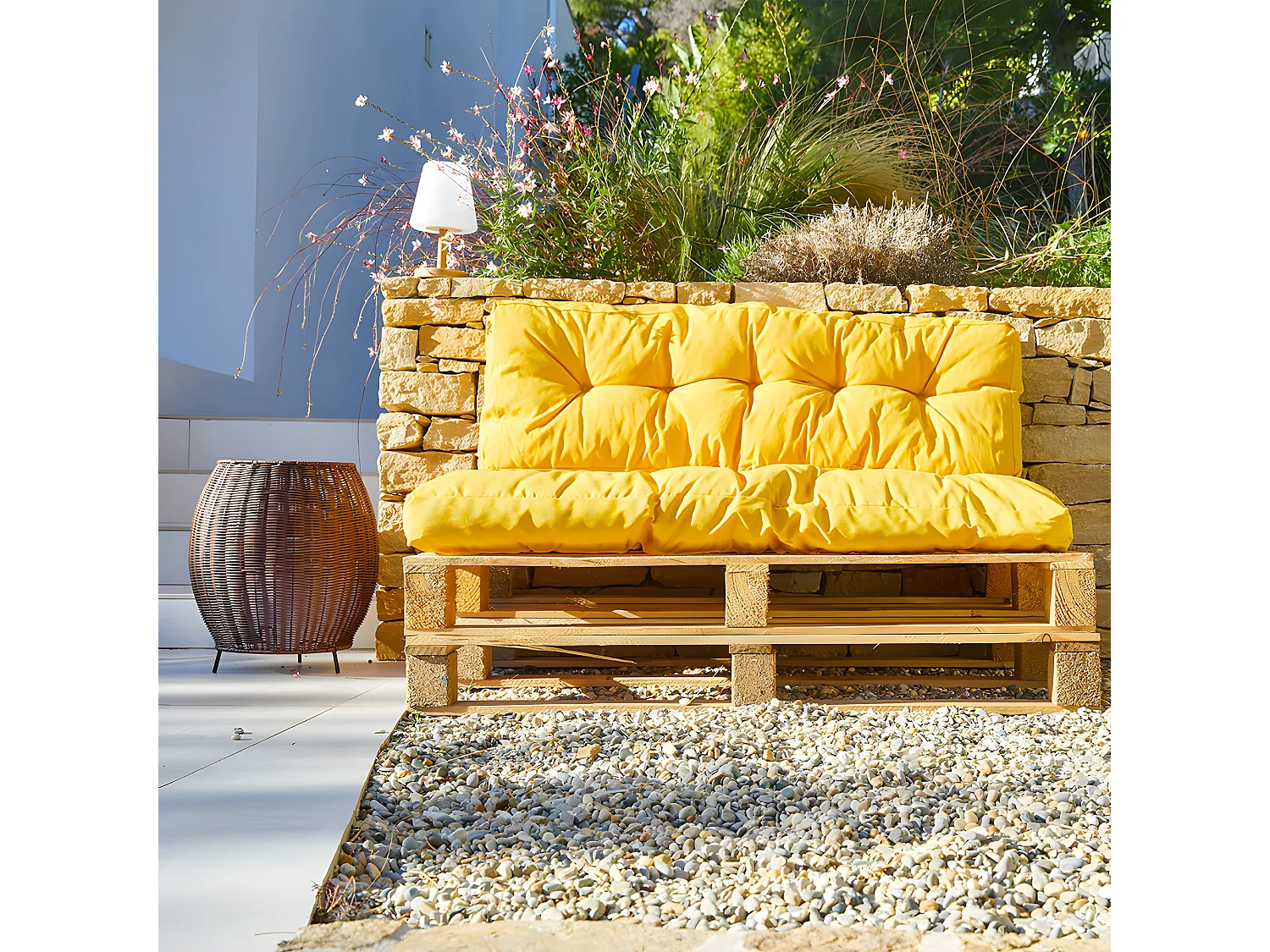 Set 2 coussins d'extérieur haute densité pour palette RIOU Moutarde