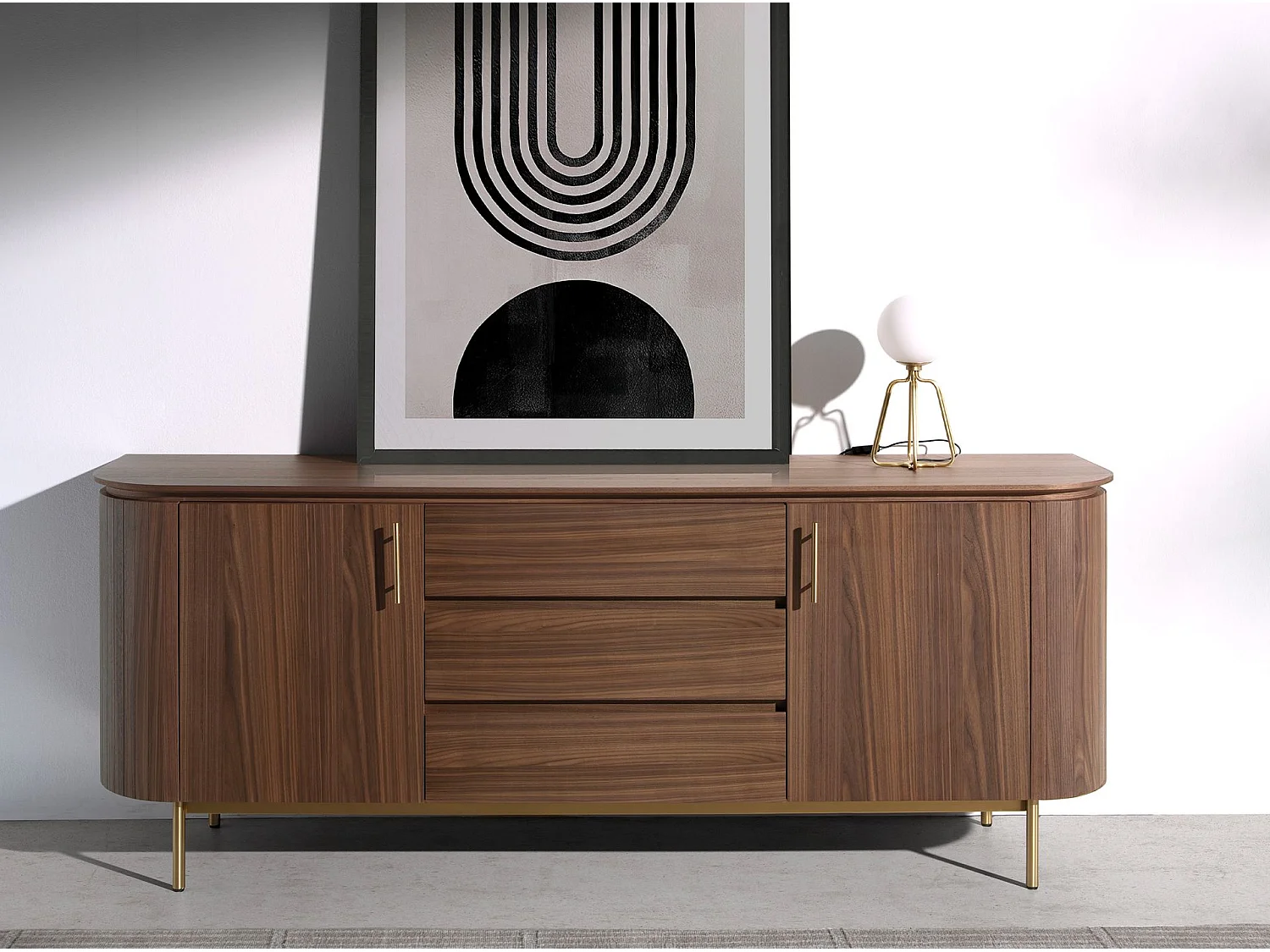 Tafellamp van goudkleurig staal en wit glas