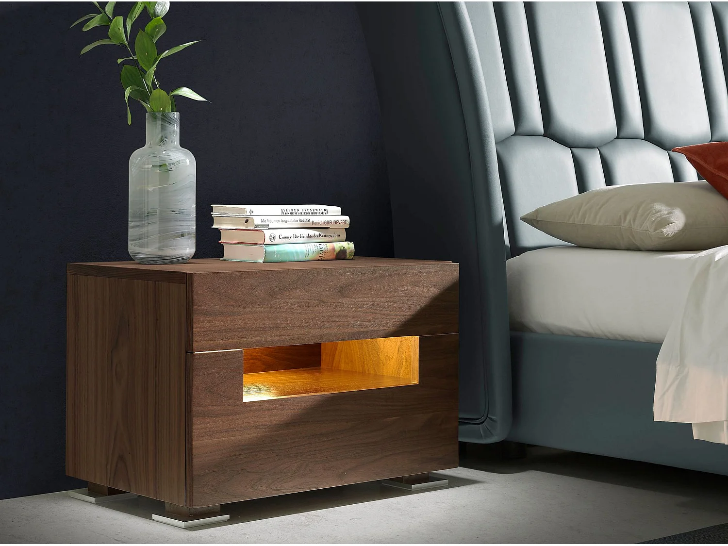 Table de chevet en noyer et acier poli avec éclairage intérieur 7065 ANGEL CERDA