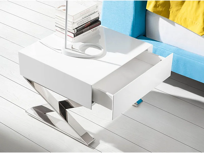 Mesa de cabeceira em madeira branca e aço cromado 7007 ANGEL CERDA