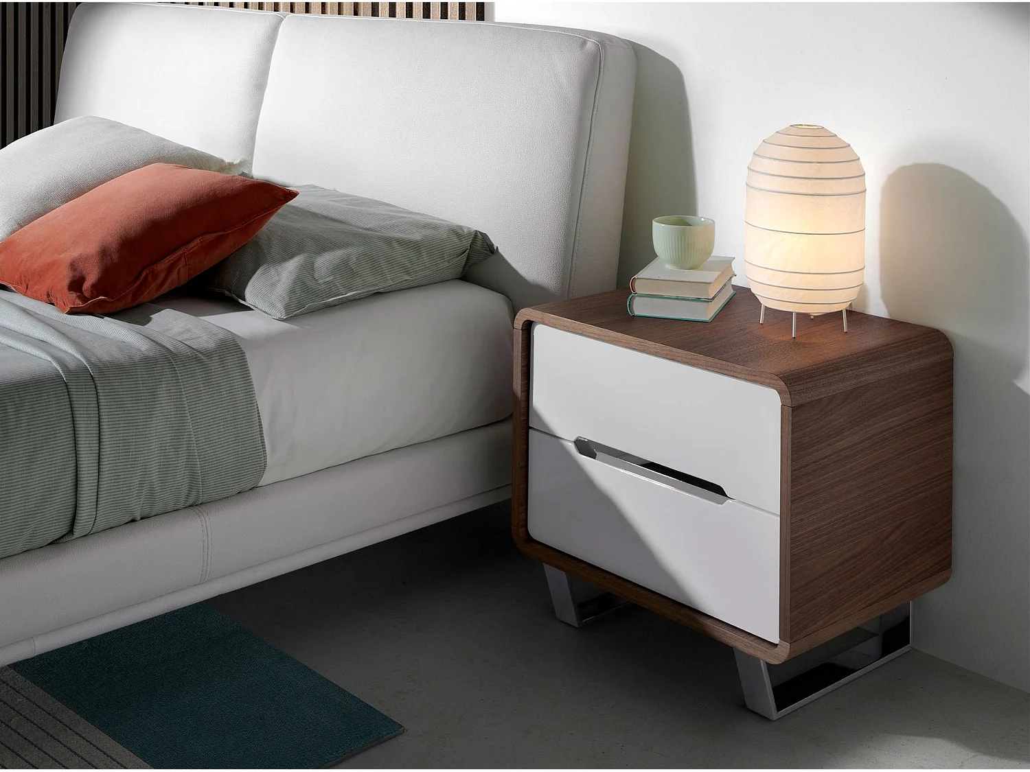 Table de chevet bois blanc, noyer et acier chromé 7107 ANGEL CERDA