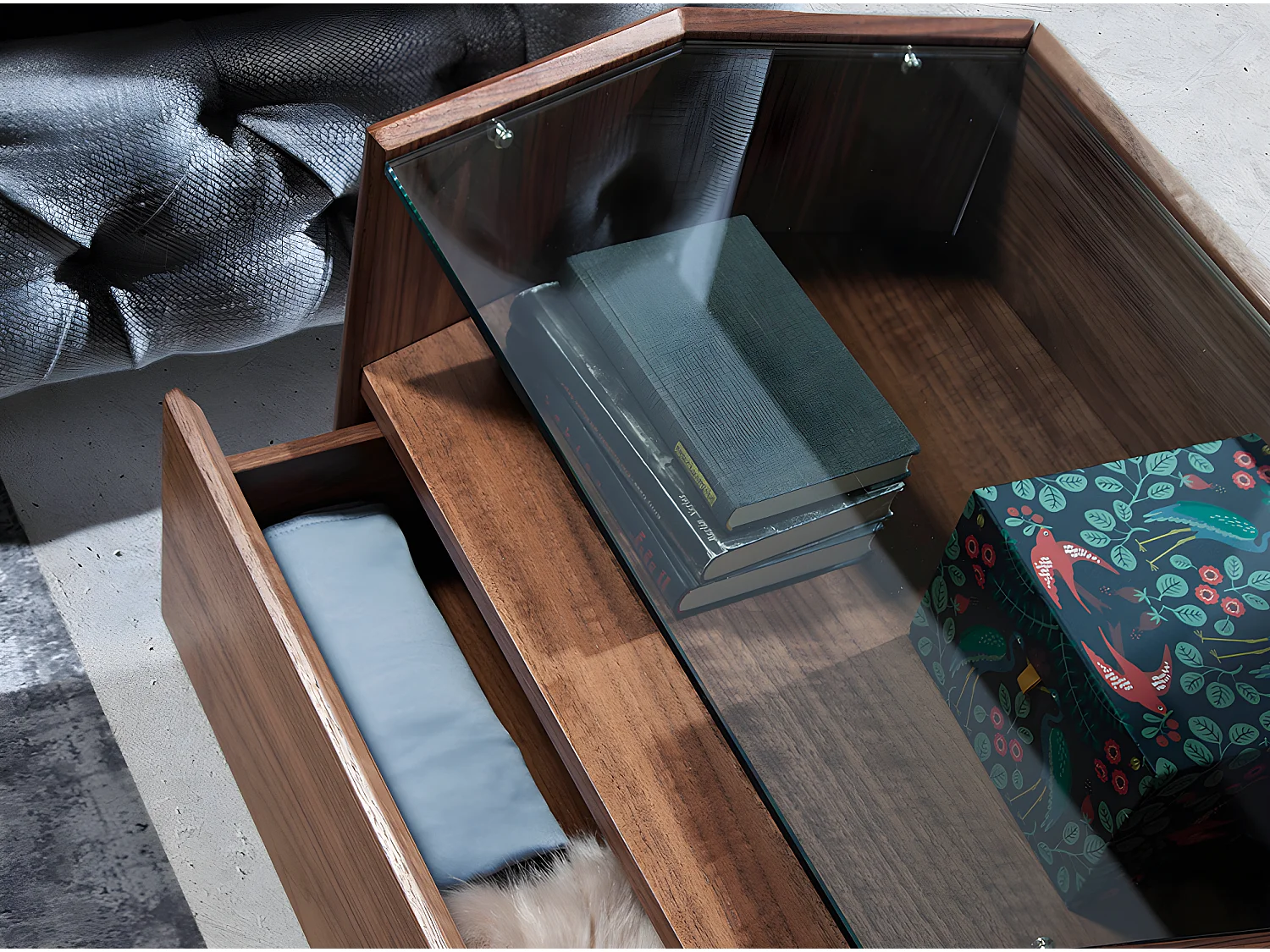 Table de chevet en bois noyer et verre 7072 ANGEL CERDA