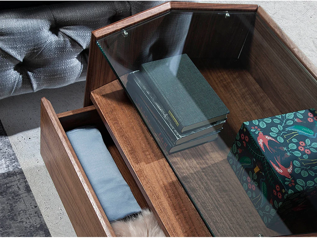 Nachtkastje notenhout met gehard glazen blad 7072 ANGEL CERDA