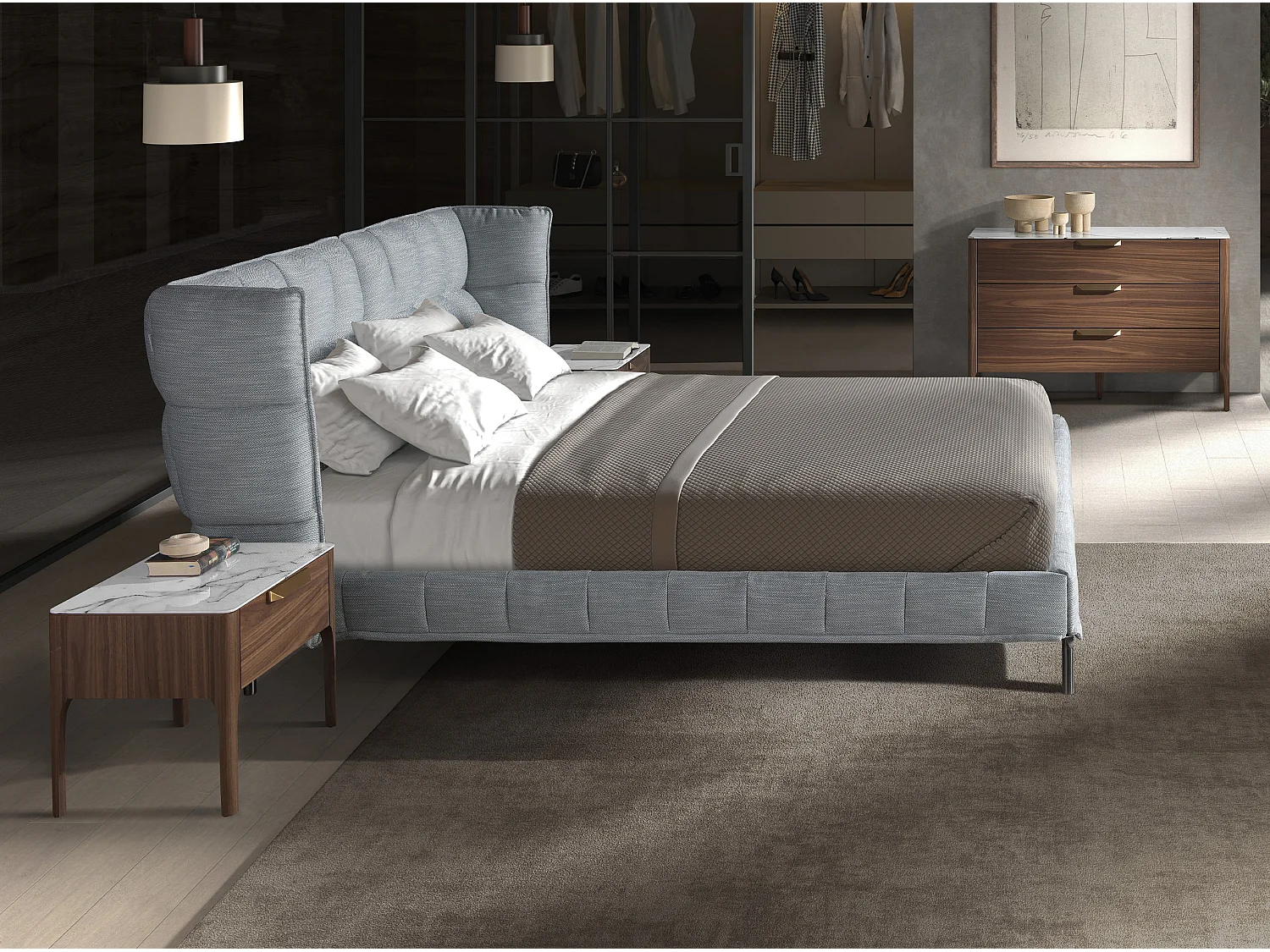 Stolik nocny z drewna orzechowego z blatem z imitacji marmuru i oświetleniem wnętrza 7038 ANGEL CERDA