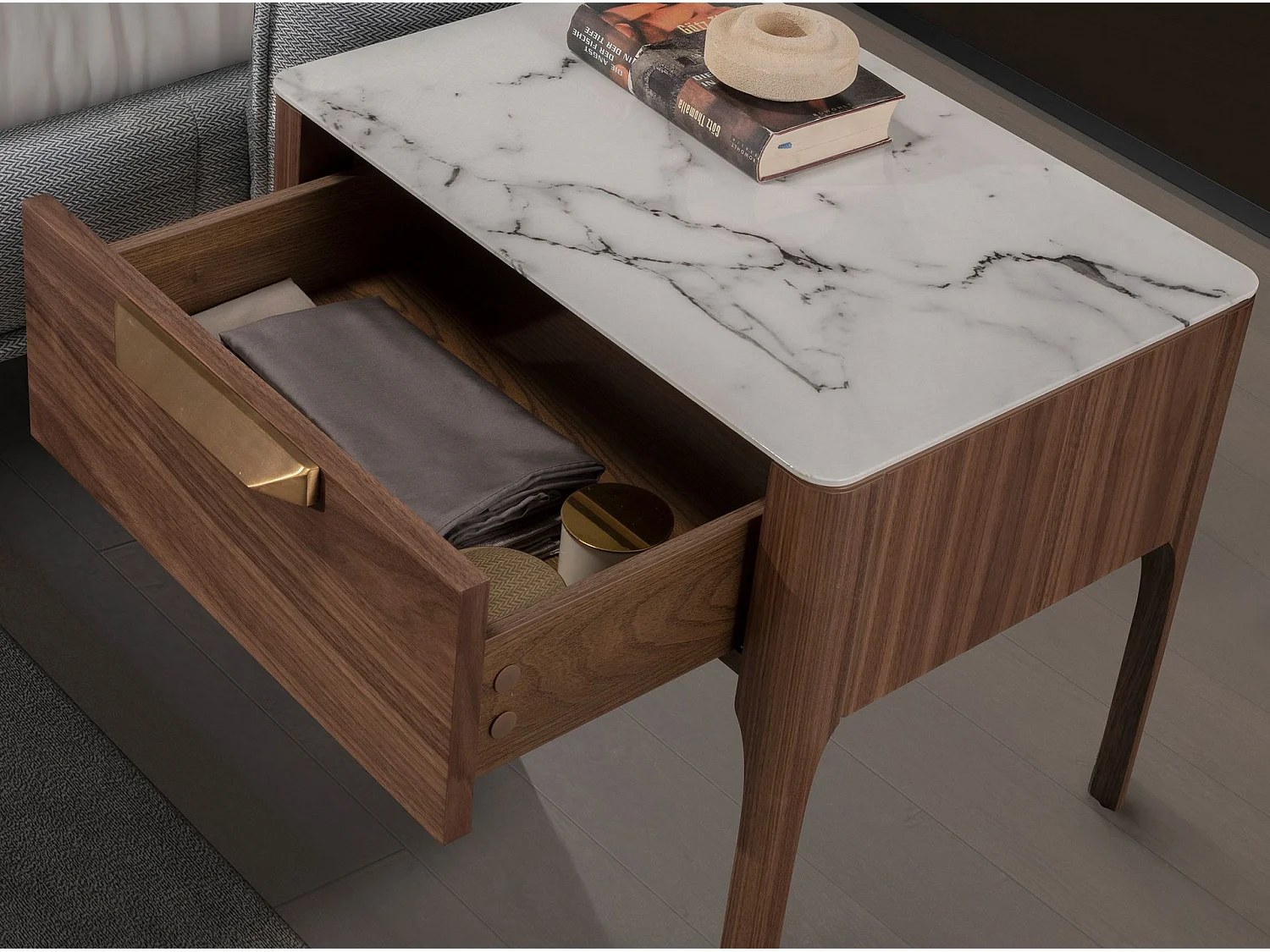 Table de chevet en noyer avec plateau en verre imitation marbre et éclairage intérieur 7038 ANGEL CERDA