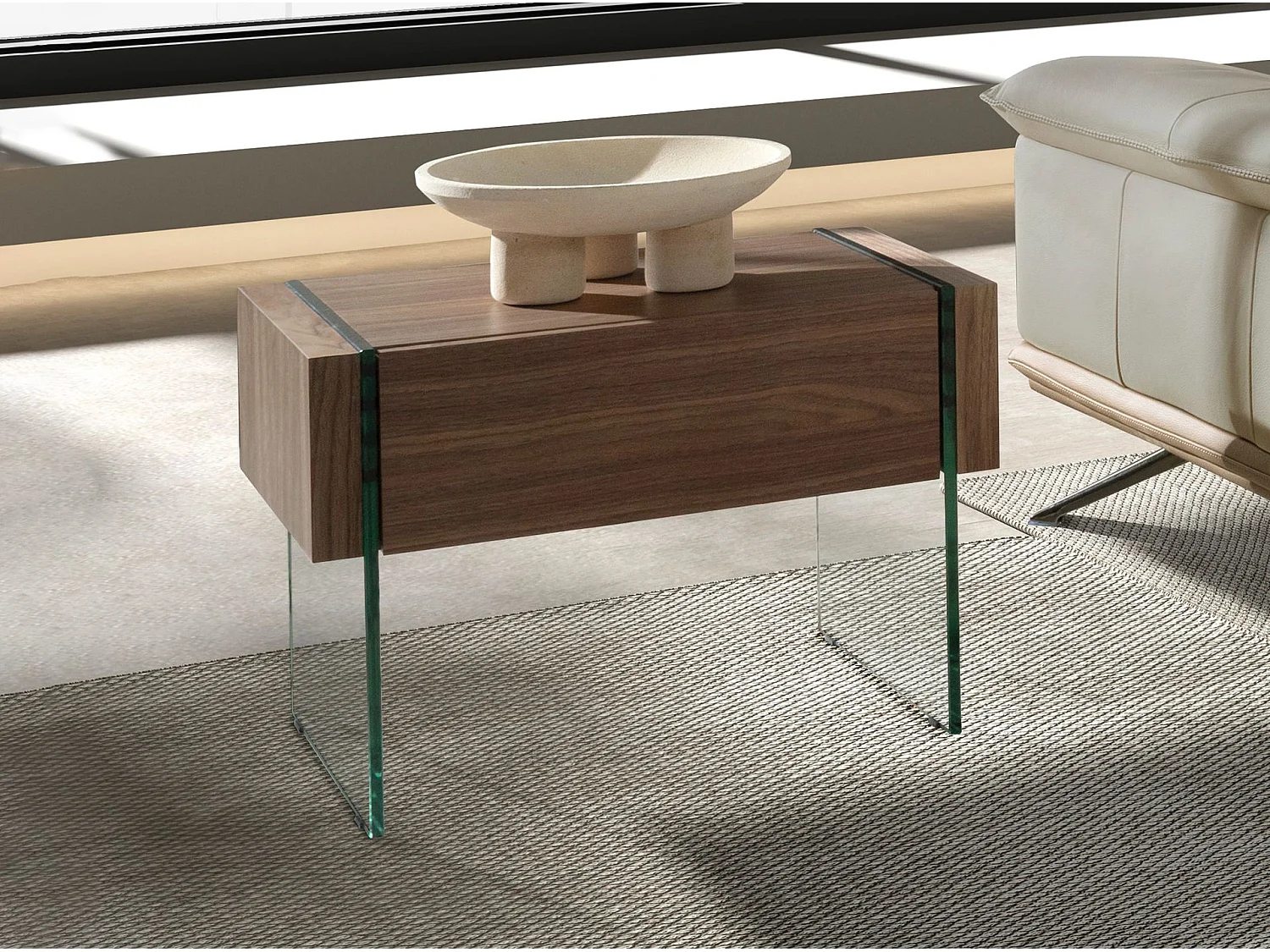 Table de chevet en noyer avec plateau en verre imitation marbre et éclairage intérieur 7038 ANGEL CERDA