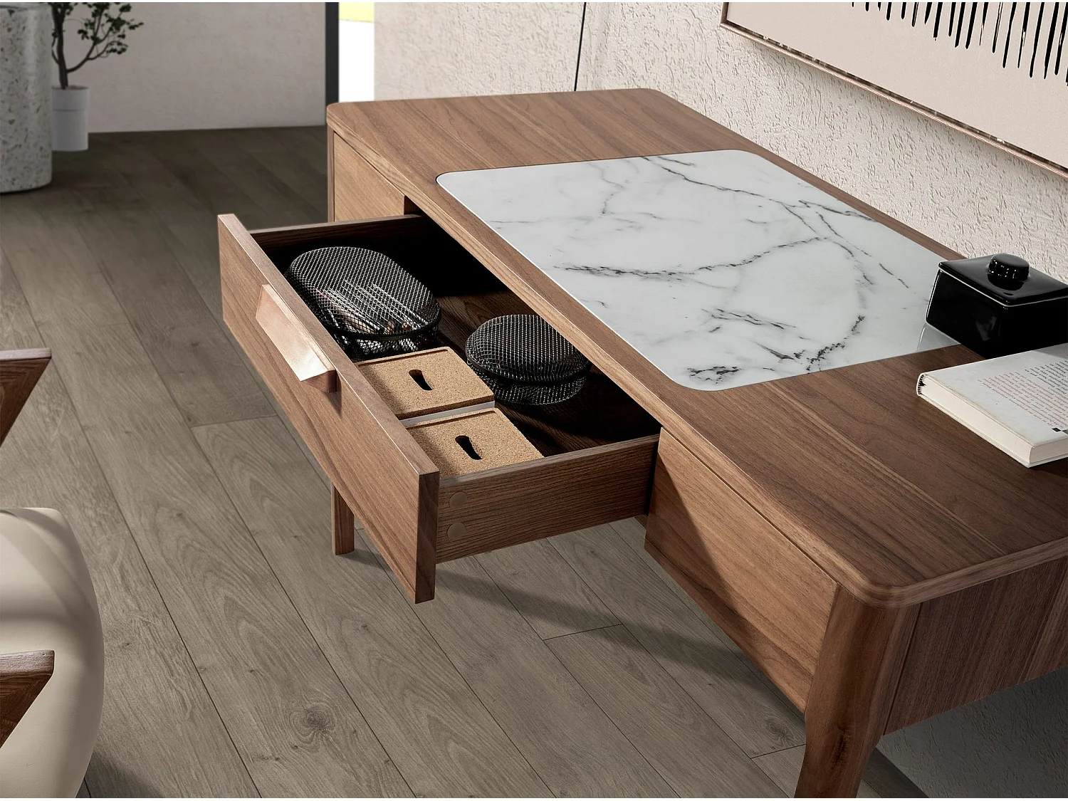 Notenhouten kaptafel met wit en glanzend grijs glazen blad in marmerlook 7043 ANGEL CERDA