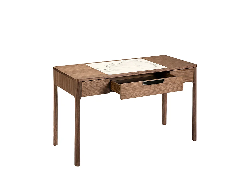Notenhouten kaptafel met wit en glanzend grijs glazen blad in marmerlook 7043 ANGEL CERDA