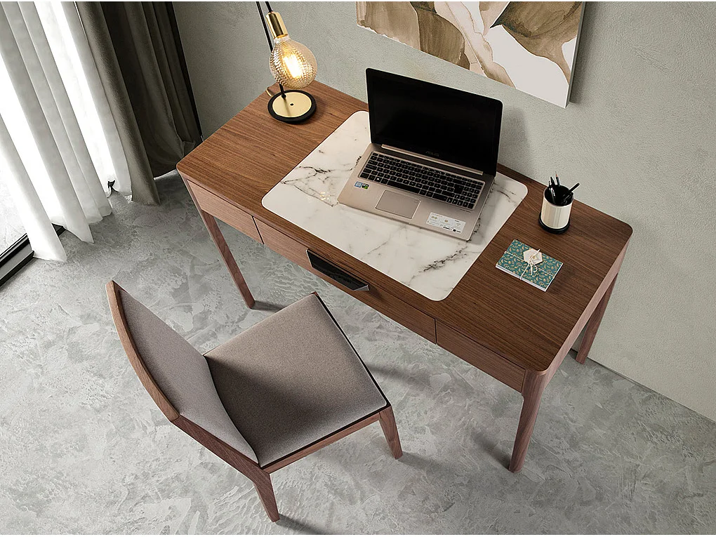 Notenhouten kaptafel met wit en glanzend grijs glazen blad in marmerlook 7043 ANGEL CERDA