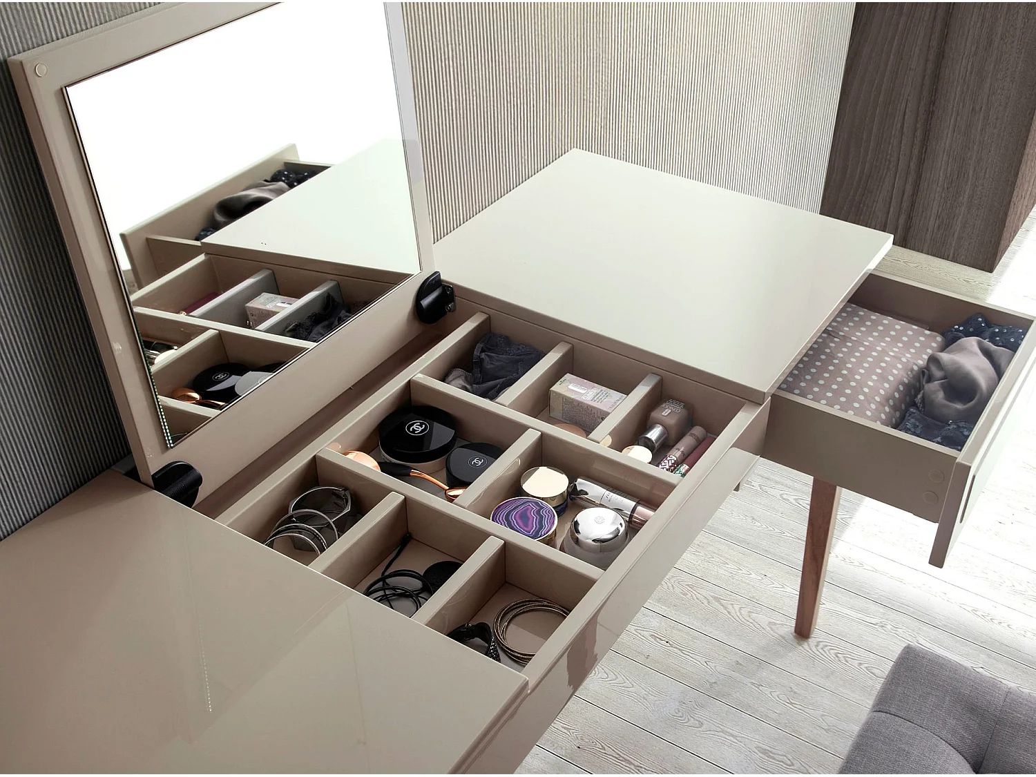 Schminktisch aus grauem Holz und Nussbaumholz mit Spiegel 7001 ANGEL CERDA