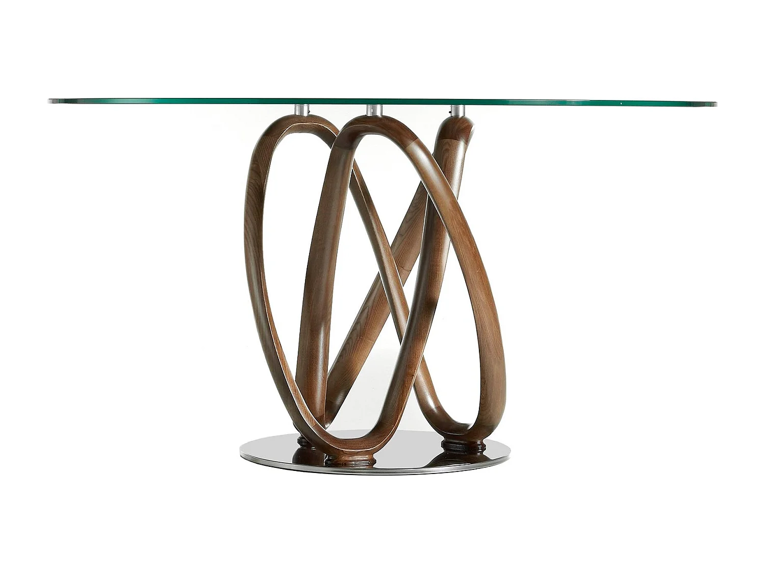 Eettafel rond gehard glas en walnootkleurig hout 1021-Ø130 ANGEL CERDA