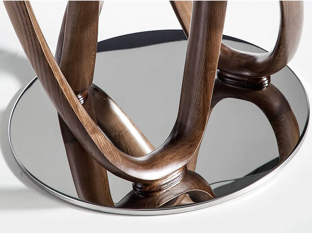 Eettafel rond gehard glas en walnootkleurig hout 1021-Ø130 ANGEL CERDA