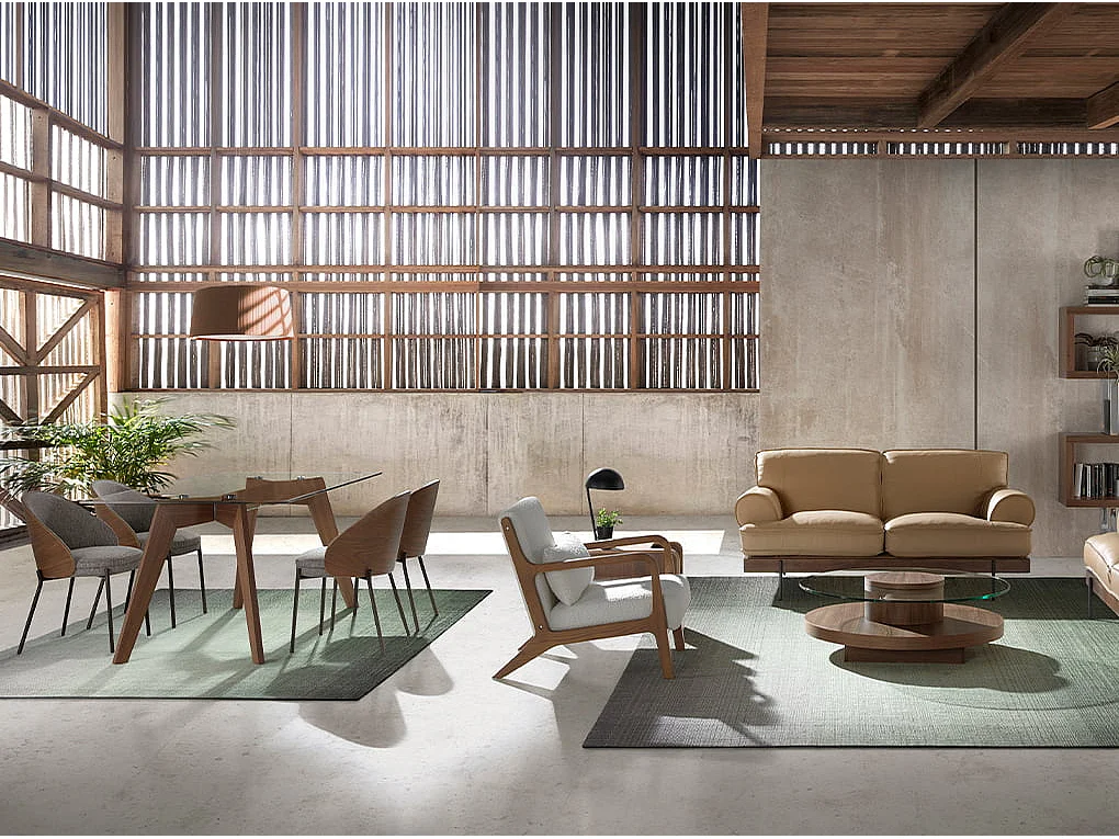 Table à manger rectangulaire verre trempé et noyer 1031 ANGEL CERDA