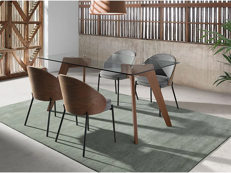 Eettafel rechthoekig gehard glas en walnoot fineer 1031 ANGEL CERDA