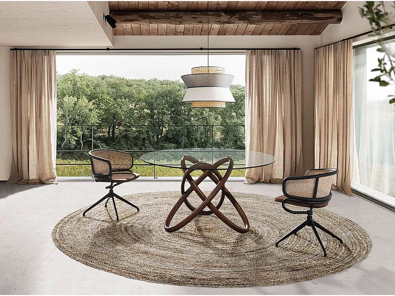 Eettafel rond gehard glas en walnootkleurig hout 1020-Ø130 ANGEL CERDA