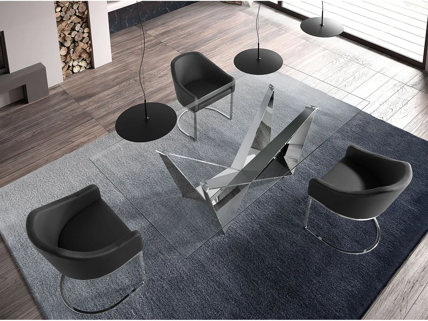 Eettafel rechthoekig gehard glas en verchroomd staal 1049 ANGEL CERDA