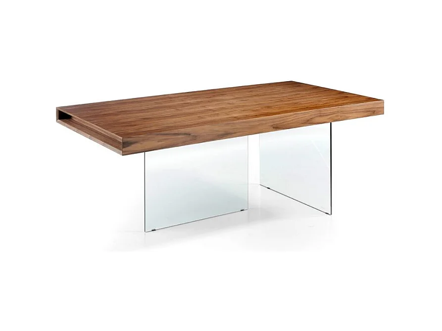 Table moderne bois noyer et pieds verre trempé Zooka 200cm